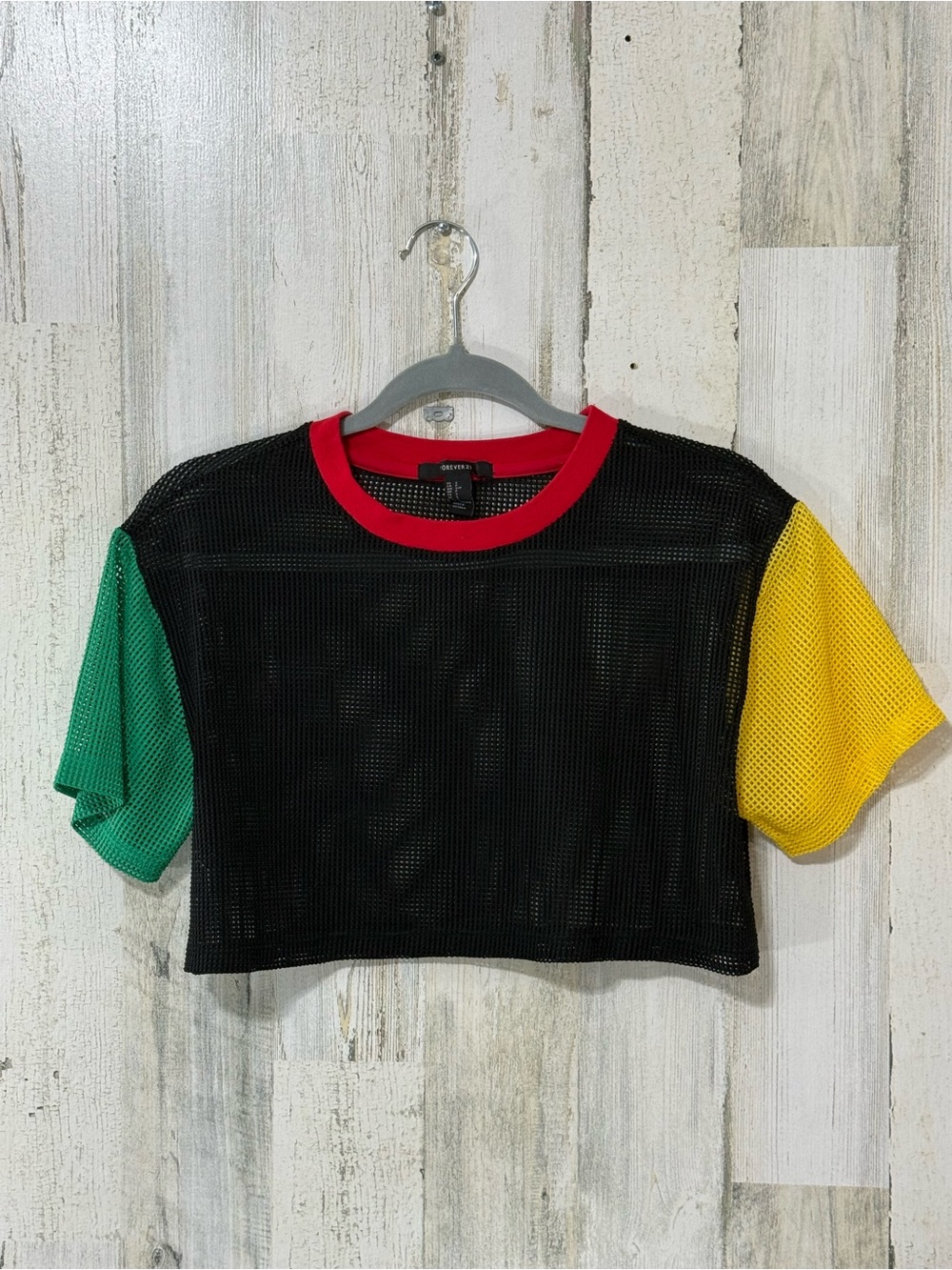 Forever 21 Black Mesh Crop Top with Red Neckline and Green & Yellow Sleeves
